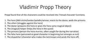 Vladimir Propp Theory
Propp found that all the characters could be resolved into 7 broad character functions;
1. The hero [AKA victim/seeker/paladin/winner, reacts to the donor, weds the princess
2. The villain (struggles against the hero)
3. The donor (prepares the hero or gives the hero some magical object)
4. The (magical) helper (helps the hero in the quest)
5. The princess (person the hero marries, often sought for during the narrative)
6. The false hero (perceived as good character in beginning but emerges as evil)
7. The dispatcher (character who makes the lack known and sends the hero off)
 