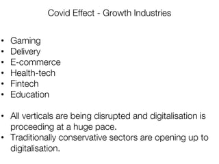 Covid Effect - Growth Industries
• Gaming
• Delivery
• E-commerce
• Health-tech
• Fintech
• Education
• All verticals are being disrupted and digitalisation is
proceeding at a huge pace.
• Traditionally conservative sectors are opening up to
digitalisation.
 