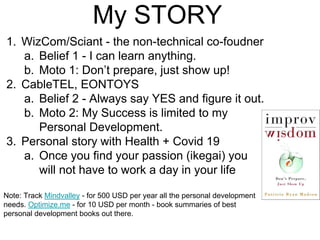 My STORY
1. WizCom/Sciant - the non-technical co-foudner
a. Belief 1 - I can learn anything.
b. Moto 1: Don’t prepare, just show up!
2. CableTEL, EONTOYS
a. Belief 2 - Always say YES and figure it out.
b. Moto 2: My Success is limited to my
Personal Development.
3. Personal story with Health + Covid 19
a. Once you find your passion (ikegai) you
will not have to work a day in your life
Note: Track Mindvalley - for 500 USD per year all the personal development
needs. Optimize.me - for 10 USD per month - book summaries of best
personal development books out there.
 