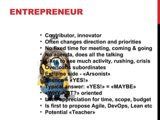 ENTREPRENEUR
• Contributor, innovator
• Often changes direction and priorities
• No fixed time for meeting, coming & going
• No agenda, does all the talking
• Likes to see much activity, rushing, crisis
• Overloads subordinates
• Extreme side - «Arsonist»
• Silence = «YES!»
• Typical answer: «YES!» = «MAYBE»
• «WHY-NOT?» oriented
• Little appreciation for time, scope, budget
• Is first to propose Agile, DevOps, Lean etc
• Potential «Teacher»
 