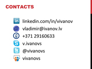 CONTACTS
linkedin.com/in/vivanov
vladimir@ivanov.lv
+371 29160633
v.ivanovs
@vivanovs
vivanovs
 