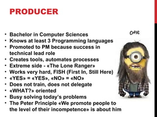 PRODUCER
• Bachelor in Computer Sciences
• Knows at least 3 Programming languages
• Promoted to PM because success in
technical lead role
• Creates tools, automates processes
• Extreme side - «The Lone Ranger»
• Works very hard, FISH (First In, Still Here)
• «YES» = «YES», «NO» = «NO»
• Does not train, does not delegate
• «WHAT?» oriented
• Busy solving today’s problems
• The Peter Principle «We promote people to
the level of their incompetence» is about him
 