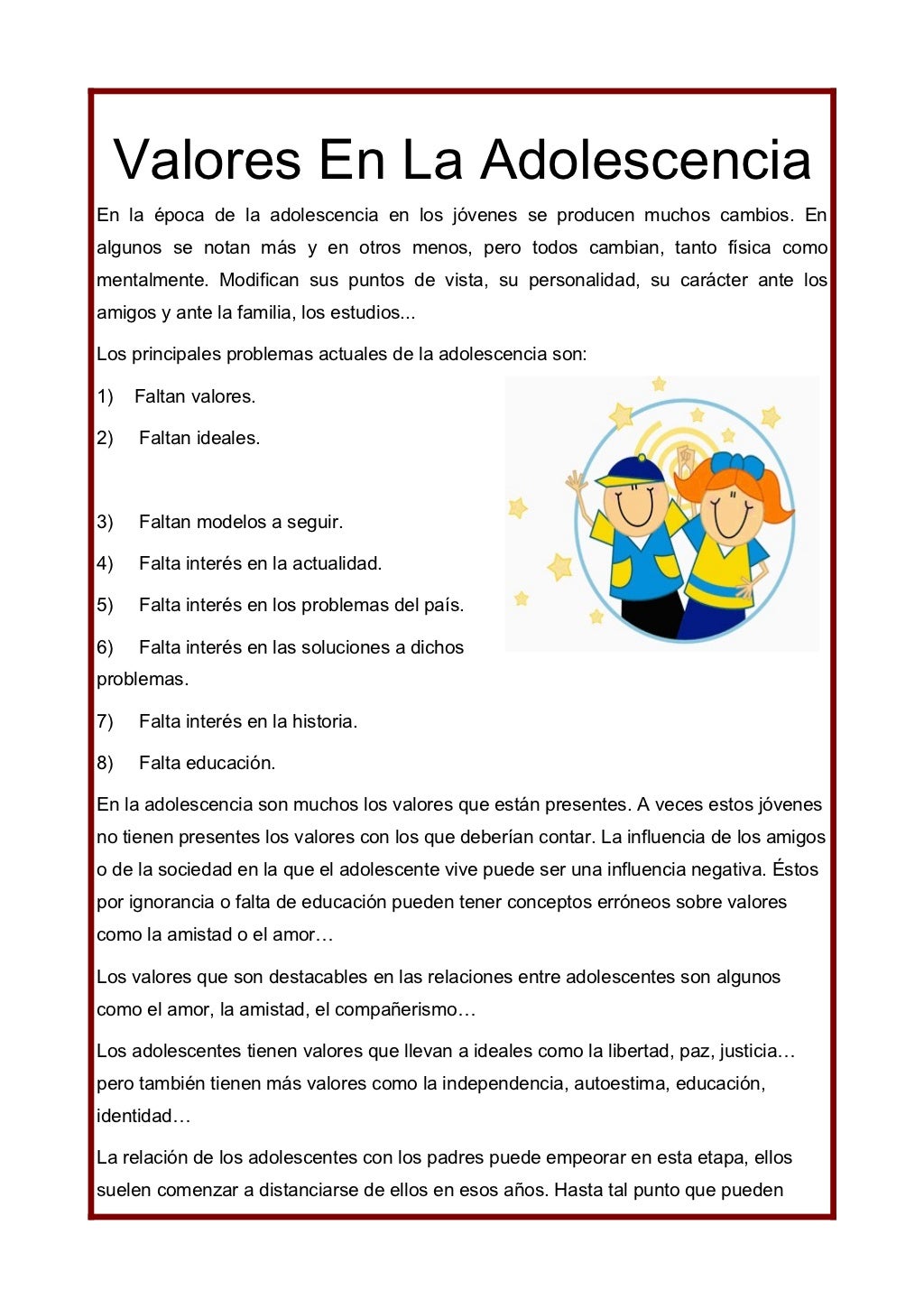 valores en la adolescencia