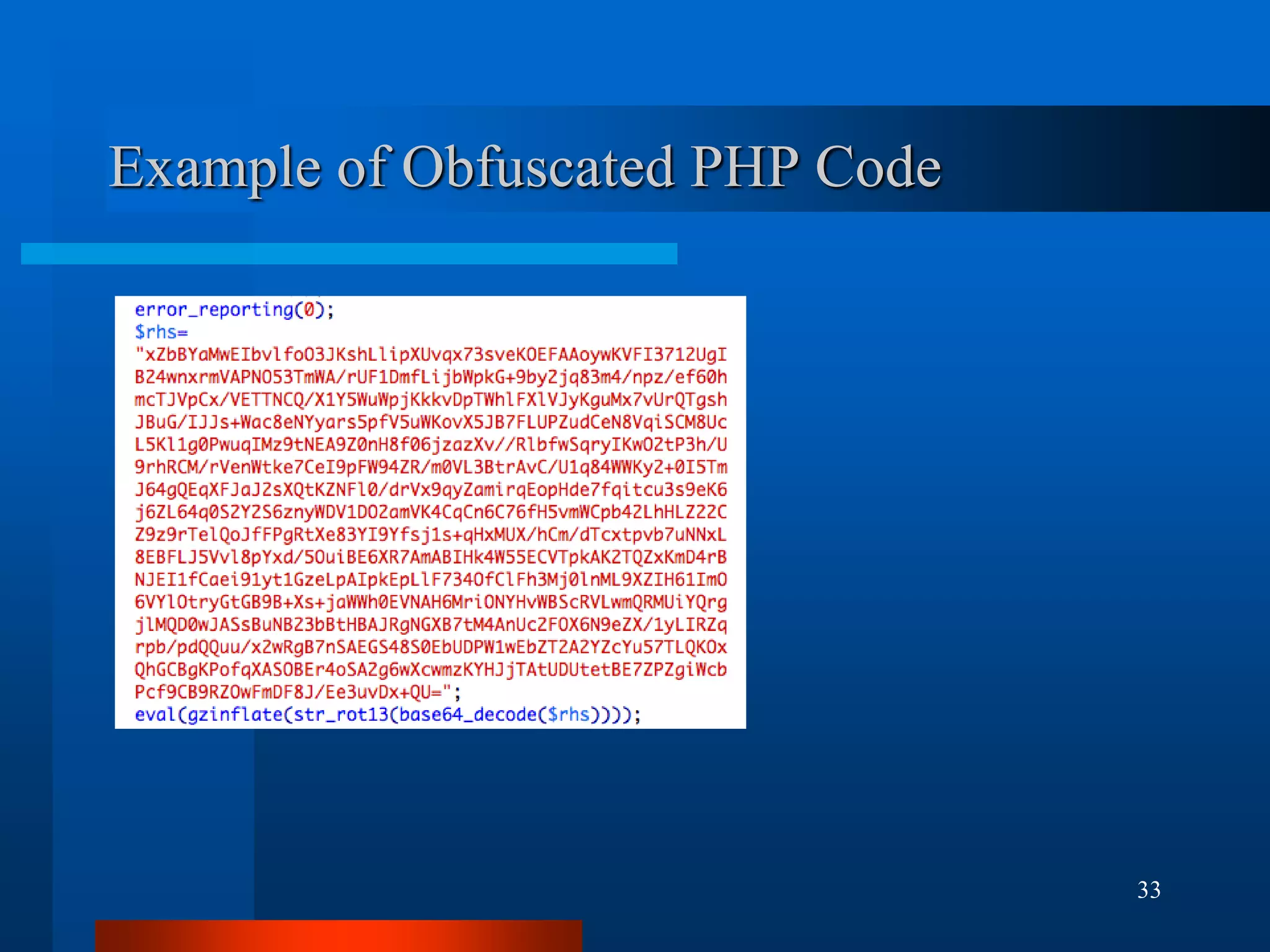 33
Example of Obfuscated PHP Code
 