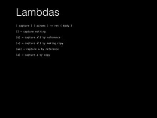 Lambdas
[ capture ] ( params ) -> ret { body }
[] - capture nothing
[&] - capture all by reference
[=] - capture all by making copy
[&a] - capture a by reference
[a] - capture a by copy
 