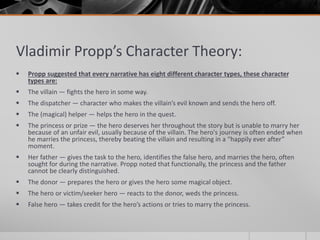 Vladimir Propp’s Character Theory:
 Propp suggested that every narrative has eight different character types, these character
types are:
 The villain — fights the hero in some way.
 The dispatcher — character who makes the villain’s evil known and sends the hero off.
 The (magical) helper — helps the hero in the quest.
 The princess or prize — the hero deserves her throughout the story but is unable to marry her
because of an unfair evil, usually because of the villain. The hero's journey is often ended when
he marries the princess, thereby beating the villain and resulting in a “happily ever after”
moment.
 Her father — gives the task to the hero, identifies the false hero, and marries the hero, often
sought for during the narrative. Propp noted that functionally, the princess and the father
cannot be clearly distinguished.
 The donor — prepares the hero or gives the hero some magical object.
 The hero or victim/seeker hero — reacts to the donor, weds the princess.
 False hero — takes credit for the hero’s actions or tries to marry the princess.
 