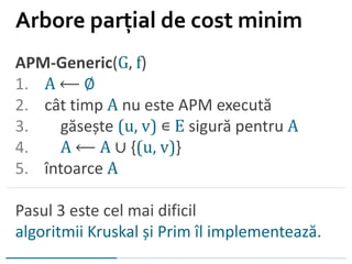 APM-Generic(G, f)
1. A ⟵ ∅
2. cât timp A nu este APM execută
3. găsește (u, v) ∊ E sigură pentru A
4. A ⟵ A ∪ {(u, v)}
5. întoarce A
Pasul 3 este cel mai dificil
algoritmii Kruskal și Prim îl implementează.
Arbore parțial de cost minim
 