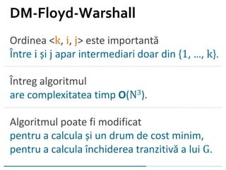 Ordinea <k, i, j> este importantă
Între i și j apar intermediari doar din {1, …, k}.
Întreg algoritmul
are complexitatea timp O(N3).
Algoritmul poate fi modificat
pentru a calcula și un drum de cost minim,
pentru a calcula închiderea tranzitivă a lui G.
DM-Floyd-Warshall
 
