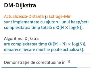 Actualizează-Distanță și Extrage-Min
sunt implementate cu ajutorul unui heap/set;
complexitatea timp totală e O(N × log(N)).
Algoritmul Dijkstra
are complexitatea timp O((M + N) × log(N)),
deoarece fiecare muchie poate actualiza Q.
Demonstrație de corectitudine în [1]
DM-Dijkstra
 