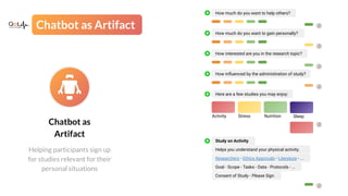 Chatbot as Artifact
Chatbot as
Artifact
Helping participants sign up
for studies relevant for their
personal situations
Ho...