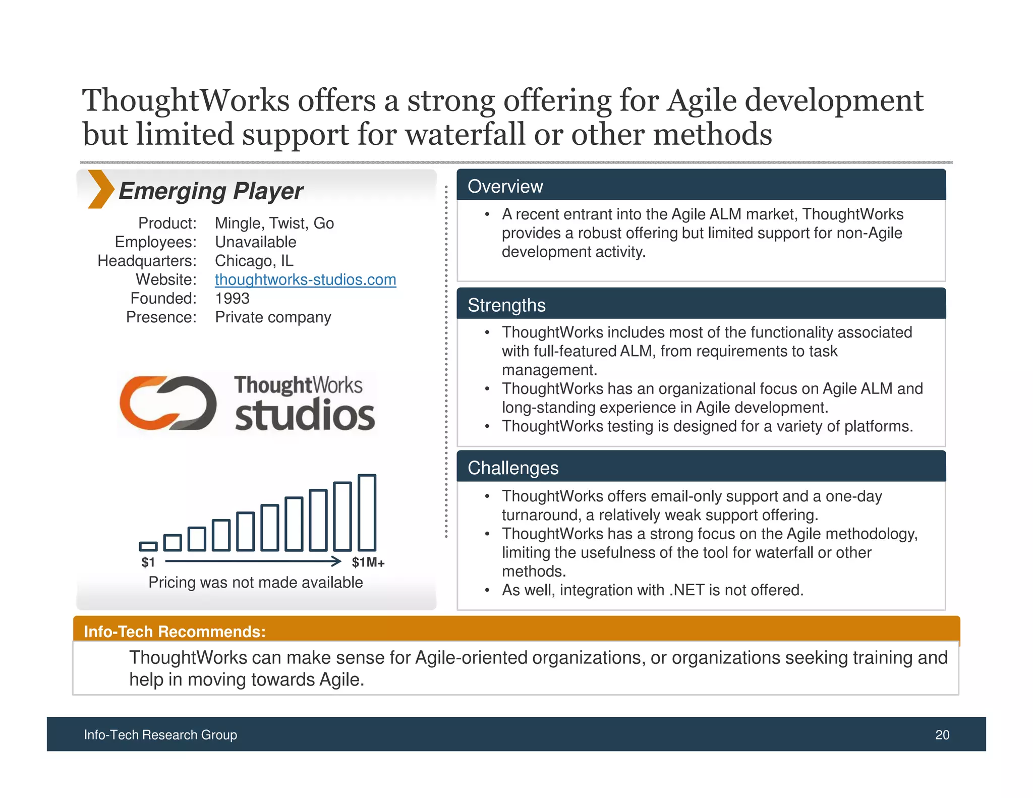 ThoughtWorks offers a strong offering for Agile development
but limited support for waterfall or other methods
     Emerging Player                           Overview
                                                 • A recent entrant into the Agile ALM market, ThoughtWorks
      Product:      Mingle, Twist, Go
                                                   provides a robust offering but limited support for non-Agile
    Employees:      Unavailable
                                                   development activity.
  Headquarters:     Chicago, IL
      Website:      thoughtworks-studios.com
     Founded:       1993                       Strengths
     Presence:      Private company
                                                 • ThoughtWorks includes most of the functionality associated
                                                   with full-featured ALM, from requirements to task
                                                   management.
                                                 • ThoughtWorks has an organizational focus on Agile ALM and
                                                   long-standing experience in Agile development.
                                                 • ThoughtWorks testing is designed for a variety of platforms.

                                               Challenges
                                                 • ThoughtWorks offers email-only support and a one-day
                                                   turnaround, a relatively weak support offering.
                                                 • ThoughtWorks has a strong focus on the Agile methodology,
                                                   limiting the usefulness of the tool for waterfall or other
         $1                           $1M+
                                                   methods.
          Pricing was not made available         • As well, integration with .NET is not offered.

Info-Tech Recommends:
       ThoughtWorks can make sense for Agile-oriented organizations, or organizations seeking training and
       help in moving towards Agile.

Info-Tech Research Group                                                                                          20
 