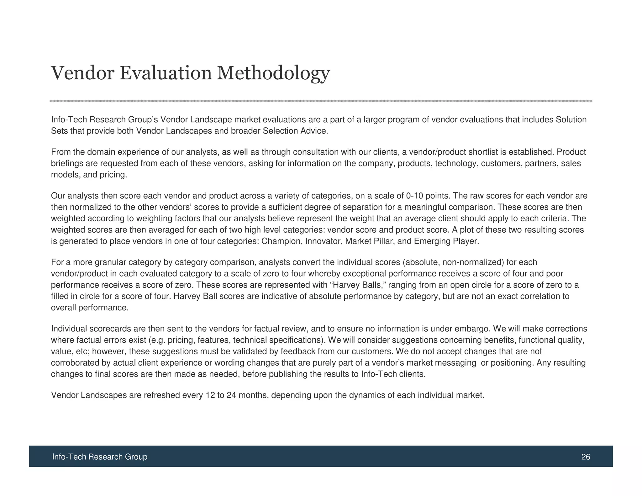 Vendor Evaluation Methodology

Info-Tech Research Group’s Vendor Landscape market evaluations are a part of a larger program of vendor evaluations that includes Solution
Sets that provide both Vendor Landscapes and broader Selection Advice.

From the domain experience of our analysts, as well as through consultation with our clients, a vendor/product shortlist is established. Product
briefings are requested from each of these vendors, asking for information on the company, products, technology, customers, partners, sales
models, and pricing.

Our analysts then score each vendor and product across a variety of categories, on a scale of 0-10 points. The raw scores for each vendor are
then normalized to the other vendors’ scores to provide a sufficient degree of separation for a meaningful comparison. These scores are then
weighted according to weighting factors that our analysts believe represent the weight that an average client should apply to each criteria. The
weighted scores are then averaged for each of two high level categories: vendor score and product score. A plot of these two resulting scores
is generated to place vendors in one of four categories: Champion, Innovator, Market Pillar, and Emerging Player.

For a more granular category by category comparison, analysts convert the individual scores (absolute, non-normalized) for each
vendor/product in each evaluated category to a scale of zero to four whereby exceptional performance receives a score of four and poor
performance receives a score of zero. These scores are represented with “Harvey Balls,” ranging from an open circle for a score of zero to a
filled in circle for a score of four. Harvey Ball scores are indicative of absolute performance by category, but are not an exact correlation to
overall performance.

Individual scorecards are then sent to the vendors for factual review, and to ensure no information is under embargo. We will make corrections
where factual errors exist (e.g. pricing, features, technical specifications). We will consider suggestions concerning benefits, functional quality,
value, etc; however, these suggestions must be validated by feedback from our customers. We do not accept changes that are not
corroborated by actual client experience or wording changes that are purely part of a vendor’s market messaging or positioning. Any resulting
changes to final scores are then made as needed, before publishing the results to Info-Tech clients.

Vendor Landscapes are refreshed every 12 to 24 months, depending upon the dynamics of each individual market.




Info-Tech Research Group                                                                                                                           26
 