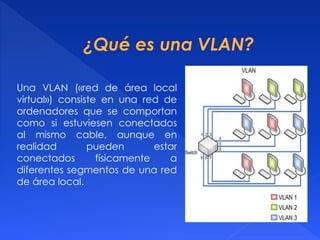 Una VLAN («red de área local
virtual») consiste en una red de
ordenadores que se comportan
como si estuviesen conectados
al mismo cable, aunque en
realidad pueden estar
conectados físicamente a
diferentes segmentos de una red
de área local.
 