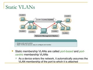 VirtualLANsStatic VLANs
 Static membership VLANs are called port-based and port-
centric membership VLANs
 As a device enters the network, it automatically assumes the
VLAN membership of the port to which it is attached
 