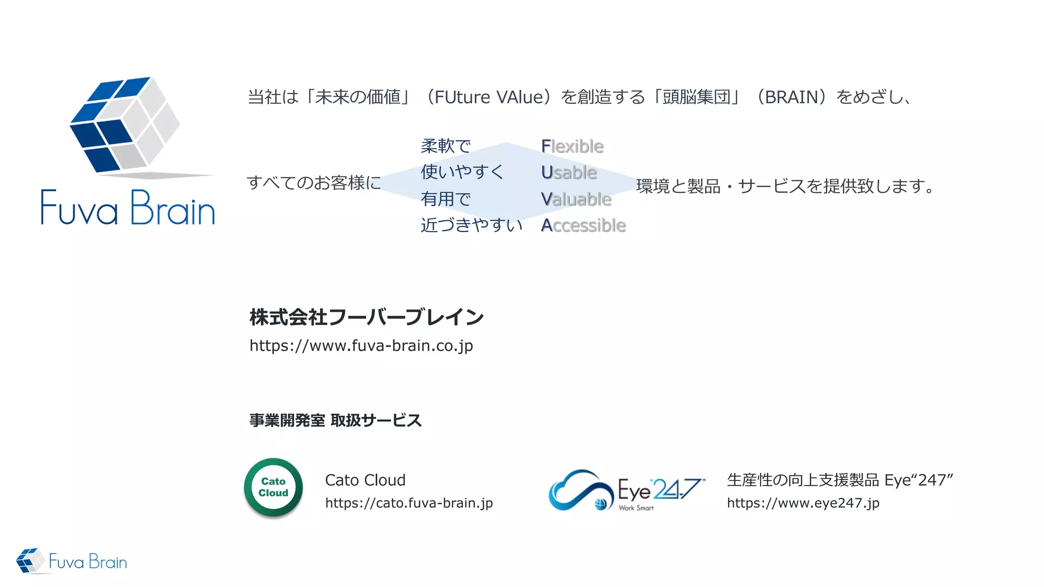 当 は「未 の 」（ ）を する「 」（ ）をめ し、
すべてのお 様に
で
使いやすく
用で
きやすい
環境と ー スを提 します。
株式会社フーバーブレイン
https://www.fuva-brain.co.jp
Cato Cloud
https://cato.fuva-brain.jp
事業開発室 取扱サービス
生産性の向上支援 Ey “247”
https://www.eye247.jp
 