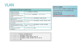 VLAN SWITCH LAYER3:
Para los switch CAPA3 se debe definir el
protocolo troncal. El comando que
habilita 802.1q
interface fa 0/0
Switchport trunk encapsulation dot1q
 