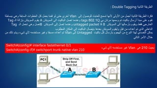 ‫الثانية‬ ‫الطريقة‬: Double Tagging
‫إلى‬ ‫للوصول‬ ‫للعابث‬ ‫تسمح‬ ‫ألنها‬ ‫األولى‬ ‫من‬ ‫أجمل‬ ‫الثانية‬ ‫الطريقة‬ ‫فكرة‬Vlan‫ببساطة‬ ‫وهي‬ ‫السابقة‬ ‫الخطوات‬ ‫كل‬ ‫بعمل‬ ‫قمنا‬ ‫لو‬ ‫حتى‬ ‫آخرى‬
‫بي‬ ‫مرتان‬ ‫وسمها‬ ‫تم‬ ‫باكيت‬ ‫أرسال‬ ‫مبدأ‬ ‫على‬ ‫تقوم‬Q802.1tags‫السويتش‬ ‫الى‬ ‫الباكيت‬ ‫تصل‬ ‫وعندما‬A‫الـ‬ ‫بإزالة‬ ‫السويتش‬ ‫يقوم‬Tag
‫السويتش‬ ‫الى‬ ‫بأرسالها‬ ‫ويقوم‬ ‫فقط‬ ‫الخارجي‬B‫كا‬untagged packet‫السويتش‬ ‫إلى‬ ‫تصل‬ ‫وعندما‬B‫الـ‬ ‫تحمل‬ ‫وهي‬ ‫تصل‬Tag
‫المطلوب‬ ‫المكان‬ ‫إلى‬ ‫الباكيت‬ ‫بإيصال‬ ‫بعدها‬ ‫السويتش‬ ‫وليقوم‬ ‫قبل‬ ‫من‬ ‫أعداده‬ ‫تم‬ ‫الذي‬ ‫الداخلي‬
‫باكيت‬ ‫كل‬ ‫بأرسال‬ ‫الهجوم‬ ‫من‬ ‫النوع‬ ‫لهذا‬ ‫التصدي‬ ‫يمكن‬Untagged‫إلى‬Vlan‫من‬ ‫ذلك‬ ‫ويتم‬ ‫شيء‬ ‫ألي‬ ‫مستخدمه‬ ‫وغير‬ ‫مسبقا‬ ‫أعداده‬ ‫تم‬
‫التالي‬ ‫األمر‬ ‫خالل‬
SwitchA(config)# interface fastethernet 0/1
SwitchA(config-if)# switchport trunk native vlan 210
‫بحيث‬210‫هي‬Vlan‫شيء‬ ‫ألي‬ ‫مستخدمه‬ ‫غير‬
 