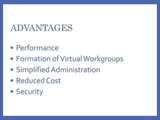 ADVANTAGES
• Performance
• Formation ofVirtualWorkgroups
• SimplifiedAdministration
• Reduced Cost
• Security
 