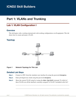 Part 1: VLANs and Trunking
Lab 1: VLAN Configuration I
Overview
This lab begins with a working internetwork with working configurations on all equipment. This lab
shows how to create and name a VLAN.
Topology
page 1 © 2009 Pearson Education, Inc. All rights reserved. This publication is protected by copyright.
ICND2 Skill Builders
SW1
PC2
PC1
Fa0/2
S1
Gi0/1
Fa0/1R1 Fa0/0 Fa0/3
Figure 1 Network Topology for This Lab
Detailed Lab Steps
Step 1. Connect to SW1 from the simulator user interface by using the password ciscopress.
Step 2. Enter privileged exec mode using the password ciscopress.
Step 3. Show the current VLAN setup by issuing the show vlan brief command. To which of
these VLANs are all the interfaces currently assigned? Is VLAN 2 included in this list?
vlans, 1, 1001, 1002, 1003,1004,1005 yes
vlan 2 does not exist
 