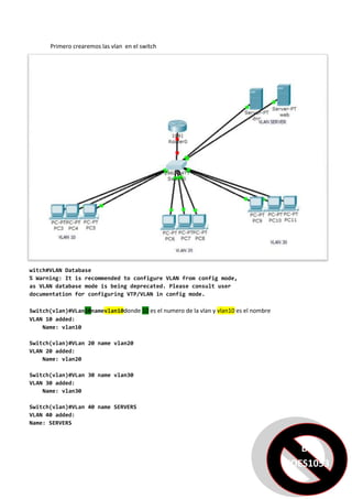 Primero crearemos las vlan  en el switch<br />witch#VLAN Database <br />% Warning: It is recommended to configure VLAN from config mode,<br />  as VLAN database mode is being deprecated. Please consult user<br />  documentation for configuring VTP/VLAN in config mode.<br />Switch(vlan)#VLan 10 name vlan10  donde 10 es el numero de la vlan y vlan10 es el nombre<br />VLAN 10 added:<br />    Name: vlan10<br />Switch(vlan)#VLan 20 name vlan20<br />VLAN 20 added:<br />    Name: vlan20<br />Switch(vlan)#VLan 30 name vlan30<br />VLAN 30 added:<br />    Name: vlan30<br />Switch(vlan)#VLan 40 name SERVERS<br />VLAN 40 added:<br />465391586995BY YOES105300BY YOES1053    Name: SERVERS<br />Asignación de puertos<br />Switch#conf t<br />Enter configuration commands, one per line.  End with CNTL/Z.<br />Switch(config)#int fa0/3<br />Switch(config-if)#switchport mode access<br />Switch(config-if)#switchport access vlan 10<br />Switch(config-if)#int fa0/4<br />Switch(config-if)#switchport mode access <br />Switch(config-if)#switchport access vlan 10<br />Switch(config-if)#int fa0/5<br />Switch(config-if)#switchport mode access <br />Switch(config-if)#switchport access vlan 10<br />Switch(config-if)#int fa0/6<br />Switch(config-if)#switchport mode access <br />Switch(config-if)#switchport access vlan 20<br />Switch(config-if)#int fa0/7<br />Switch(config-if)#switchport mode access <br />Switch(config-if)#switchport access vlan 20<br />Switch(config-if)#int fa0/8<br />Switch(config-if)#switchport mode access <br />Switch(config-if)#switchport access vlan 20<br />Switch(config-if)#int fa0/9<br />Switch(config-if)#switchport mode access <br />Switch(config-if)#switchport access vlan 30<br />Switch(config-if)#int fa0/10<br />Switch(config-if)#switchport mode access <br />Switch(config-if)#switchport access vlan 30<br />Switch(config-if)#int fa0/11<br />Switch(config-if)#switchport mode access <br />Switch(config-if)#switchport access vlan 30<br />Switch(config-if)#int fa0/12<br />Switch(config-if)#switchport mode access <br />Switch(config-if)#switchport access vlan 40<br />Switch(config-if)#int fa0/13<br />4644390124460BY YOES105300BY YOES1053Switch(config-if)#switchport mode access <br />Switch(config-if)#switchport access vlan 40<br />Asignación del enlace trunk<br />En el switch:<br />switch><br />Switch>enable<br />Switch#configure terminal<br />Enter configuration commands, one per line.  End with CNTL/Z.<br />Switch(config)#int fa 0/1<br />Switch(config-if)#switchport mode trunk<br />Switch(config-if)#switchport trunk allowed vlan all<br /> <br />Asignación de respectivas sub interfaces a cada vlan en el router<br />Router>enable <br />Router#configure terminal <br />Enter configuration commands, one per line.  End with CNTL/Z.<br />Router(config-if)#int fa0/1.1<br />Router(config-subif)#encapsulation dot1Q 10<br />Router(config-subif)#ip add 192.168.10.1 255.255.255.0<br />Router(config-subif)#int fa0/1.2Router(config-subif)#encapsulation dot1Q 20<br />Router(config-subif)#ip add 192.168.20.1 255.255.255.0<br />Router(config-subif)#int fa0/1.3<br />Router(config-subif)#encapsulation dot1Q 30<br />Router(config-subif)#ip add 192.168.30.1 255.255.255.0<br />Router(config-subif)#int fa0/1.4<br />Router(config-subif)#encapsulation dot1Q 40<br />Router(config-subif)#ip add 192.168.40.1 255.255.255.0<br />Router(config-subif)#end<br />468249038735BY YOES105300BY YOES1053<br />Verificación de las sub interfaces utilizando el comando show run<br />Router#sh run<br />Building configuration...<br />Current configuration : 812 bytes<br />!<br />version 12.4<br />no service timestamps log datetime msec<br />no service timestamps debug datetime msec<br />no service password-encryption<br />!<br />hostname Router<br />!<br />!<br />!<br />interface FastEthernet0/0<br /> no ip address<br /> duplex auto<br /> speed auto<br /> shutdown<br />!<br />interface FastEthernet0/1<br /> no ip address<br /> duplex auto<br /> speed auto<br />!<br />interface FastEthernet0/1.1<br /> encapsulation dot1Q 10<br /> ip address 192.168.10.1 255.255.255.0<br />!<br />interface FastEthernet0/1.2<br /> encapsulation dot1Q 20<br /> ip address 192.168.20.1 255.255.255.0<br />!<br />interface FastEthernet0/1.3<br /> encapsulation dot1Q 30<br /> ip address 192.168.30.1 255.255.255.0<br />!<br />interface FastEthernet0/1.4<br /> encapsulation dot1Q 40<br /> ip address 192.168.40.1 255.255.255.0<br />!<br />interface Vlan1<br /> no ip address<br /> shutdown<br />462534042545BY YOES105300BY YOES1053<br />configuración de DHCP en el router para cada vlan<br />Router#enable<br />Router#configure terminal<br />Para vlan 10<br />Router(config)#ip dhcp pool vlan10<br />Router(dhcp-config)#network 192.168.10.0 255.255.255.0<br />Router(dhcp-config)#dns-server 192.168.40.100 <br />Router(dhcp-config)#default-router 192.168.10.1<br />Para vlan 20<br />Router(dhcp-config)#ip dhcp pool vlan20<br />Router(dhcp-config)#network 192.168.20.0 255.255.255.0<br />Router(dhcp-config)#dns-server 192.168.40.100 <br />Router(dhcp-config)#default-router 192.168.20.1<br />Para vlan 30<br />Router(dhcp-config)#ip dhcp pool vlan30<br />Router(dhcp-config)#default-router 192.168.30.1<br />Router(dhcp-config)#dns-server 192.168.40.100 <br />Router(dhcp-config)#network 192.168.30.1 255.255.255.0<br />Para vlan 40<br />Router(dhcp-config)#ip dhcp pool vlanSERVERS<br />Router(dhcp-config)#network 192.168.40.0 255.255.255.0<br />Router(dhcp-config)#default-router 192.168.40.1<br />Router(dhcp-config)#dns-server 192.168.40.100 <br />Router(dhcp-config)#end<br />El siguiente paso es ir a cada PC <br />Escritorio=>IP configuración y seleccionar DHCP<br />Cada pc debe recibir una respectiva IP, Gateway, mascara de subred y dirección del DNS server. Según la vlan a la que corresponda.<br />La dirección del servidor DNS se la otorgaremos estáticamente  que como configuramos anteriormente será la 192.168.40.100 255.255.255.0 Gateway 192.168.40.1<br />463486564135BY YOES105300BY YOES1053<br />Configuración de una página web <br />Ingresamos al servidor DNS en la pestaña configuración y luego en DNS <br />El nombre será <br /> index.html<br />La dirección que le agregaremos es la que el servidor DCHP le otorgó  el servidor web así que iremos y la verificaremos en mí caso es la ip es:<br />Dirección 192.168.40.2<br />Después de ingresar esta información le damos en agregar y serramos la ventana.<br />Ahora procederemos a verificar nuestra página web desde un pc <br />Debe aparecer una información sobre cisco packtracert  que es la que viene por default.<br />PC5 => Escritorio =>Navegador Web <br />En la barra de direccione ponemos index .html<br />4701540166370BY YOES105300BY YOES1053<br />Configuración del TFTP <br />Ahora sacamos un nuevo servidor y lo conectamos a el switch en la interface fastethernet 0/14 <br />Y lo asemos miembro de la vlan 40 (vlanSERVERS)<br />Switch>enable<br />Switch#confonfigure terminal<br />Switch(config)#int fastEthernet 0/14<br />Switch(config-if)#switchport mode access <br />Switch(config-if)#switchport access vlan 40<br />Switch(config-if)#end<br />A hora verifiquemos que cada vlan tenga los puertos correspondientes<br />Switch#show vlan<br />VLAN Name                             Status    Ports<br />---- -------------------------------- --------- -------------------------------<br />1    default                          active    Fa0/2, Fa0/15, Fa0/16, Fa0/17<br />                                                Fa0/18, Fa0/19, Fa0/20, Fa0/21<br />                                                Fa0/22, Fa0/23, Fa0/24, Gig1/1<br />                                                Gig1/2<br />10   vlan10                           active    Fa0/3, Fa0/4, Fa0/5<br />20   vlan20                           active    Fa0/6, Fa0/7, Fa0/8<br />30   vlan30                           active    Fa0/9, Fa0/10, Fa0/11<br />40   SERVERS                          active    Fa0/12, Fa0/13, Fa0/14<br />1002 fddi-default                     act/unsup <br />1003 token-ring-default               act/unsup <br />1004 fddinet-default                  act/unsup <br />1005 trnet-default                    act/unsup <br />VLAN Type  SAID       MTU   Parent RingNo BridgeNo Stp  BrdgMode Trans1 Trans2<br />---- ----- ---------- ----- ------ ------ -------- ---- -------- ------ ------<br />1    enet  100001     1500  -      -      -        -    -        0      0<br />10   enet  100010     1500  -      -      -        -    -        0      0<br />20   enet  100020     1500  -      -      -        -    -        0      0<br />30   enet  100030     1500  -      -      -        -    -        0      0<br />4615815134620BY YOES105300BY YOES1053<br />Ingresamos al router, agregamos el servicio y el archivo por copiar en este caso su nombre será archivo<br />Procederemos de la siguiente forma:<br />Router>enable<br />Router#copy run tftp: <br />Address or name of remote host []? 192.168.40.3 <br />Destination filename [Router-confg]? archivo<br />Writing running-config...!!<br />[OK - 1265 bytes]<br />1265 bytes copied in 0.046 secs (27000 bytes/sec)<br />Router#<br />Ya tendremos salvada la configuración del router y podemos gravarla en otro router en caso de que el que está siendo usado se dañe o falle.<br />Ahora pasaremos la información a otro router  para que este quede exactamente igual al router funcional, desconectamos el servidor TFTP y sacamos un nuevo router 1841 y los conectamos directamente con un cable cruzado en la interface fastethernet 0/1<br />Asignamos la dirección ip al router que coincida con la que ya tiene el servidor TFTP que tiene la ip 192.168.40.3 255.255.255.0 que le asigno  el DHCP en este caso será la siguiente:<br />Router#enable <br />Router#configure terminal<br />Enter configuration commands, one per line.  End with CNTL/Z.<br />Router(config)#interface FastEthernet0/1<br />Router(config-if)#ip address 192.168.40.1 255.255.255.0 <br />Router(config-if)#<br />Luego procedemos a pasar la información para completar el router que será la copia de seguridad:<br />Router#copy tftp star<br />Address or name of remote host []? 192.168.40.3  dirección del servidor TFTP<br />Source filename []? archive       nombre de la copia<br />Destination filename [startup-config]? <br />471106569850BY YOES105300BY YOES1053<br />Accessing tftp://192.168.40.3/archivo...<br />Loading archivo from 192.168.40.3: !<br />[OK - 1265 bytes]<br />1265 bytes copied in 0.009 secs (140555 bytes/sec)<br />Para  verificar que el router cargo la configuración correctamente lo reiniciamos y luego verificamos de la siguiente forma:<br />Router>enable<br />Router#reload<br />Proceed with reload? [confirm]<br />%SYS-5-RELOAD: Reload requested by console. Reload Reason: Reload Command.<br />System Bootstrap, Version 12.3(8r)T8, RELEASE SOFTWARE (fc1)<br />Cisco 1841 (revision 5.0) with 114688K/16384K bytes of memory.<br />Self decompressing the image :<br />########################################################################## [OK]<br />              Restricted Rights Legend<br />Use, duplication, or disclosure by the Government is<br />subject to restrictions as set forth in subparagraph<br />(c) of the Commercial Computer Software - Restricted<br />Rights clause at FAR sec. 52.227-19 and subparagraph<br />(c) (1) (ii) of the Rights in Technical Data and Computer<br />Software clause at DFARS sec. 252.227-7013.<br />           cisco Systems, Inc.<br />           170 West Tasman Drive<br />           San Jose, California 95134-1706<br />Cisco IOS Software, 1841 Software (C1841-ADVIPSERVICESK9-M), Version 12.4(15)T1, RELEASE SOFTWARE (fc2)<br />Technical Support: http://www.cisco.com/techsupport<br />Copyright (c) 1986-2007 by Cisco Systems, Inc.<br />Compiled Wed 18-Jul-07 04:52 by pt_team<br />Image text-base: 0x60080608, data-base: 0x6270CD50<br />Cisco 1841 (revision 5.0) with 114688K/16384K bytes of memory.<br />Processor board ID FTX0947Z18E<br />M860 processor: part number 0, mask 49<br />2 FastEthernet/IEEE 802.3 interface(s)<br />191K bytes of NVRAM.<br />472059076835BY YOES105300BY YOES105363488K bytes of ATA CompactFlash (Read/Write)<br />Cisco IOS Software, 1841 Software (C1841-ADVIPSERVICESK9-M), Version 12.4(15)T1, RELEASE SOFTWARE (fc2)<br />Technical Support: http://www.cisco.com/techsupport<br />Copyright (c) 1986-2007 by Cisco Systems, Inc.<br />Compiled Wed 18-Jul-07 04:52 by pt_team<br />Press RETURN to get started! <br />%LINK-5-CHANGED: Interface Vlan1, changed state to up<br />%LINK-5-CHANGED: Interface FastEthernet0/0, changed state to up<br />%LINK-5-CHANGED: Interface FastEthernet0/1, changed state to up<br />%LINEPROTO-5-UPDOWN: Line protocol on Interface FastEthernet0/1, changed state to up<br />%LINK-5-CHANGED: Interface FastEthernet0/0, changed state to administratively down<br />%LINK-5-CHANGED: Interface FastEthernet0/1.1, changed state to up<br />%LINEPROTO-5-UPDOWN: Line protocol on Interface FastEthernet0/1.1, changed state to up<br />%LINK-5-CHANGED: Interface FastEthernet0/1.2, changed state to up<br />%LINEPROTO-5-UPDOWN: Line protocol on Interface FastEthernet0/1.2, changed state to up<br />%LINK-5-CHANGED: Interface FastEthernet0/1.3, changed state to up<br />%LINEPROTO-5-UPDOWN: Line protocol on Interface FastEthernet0/1.3, changed state to up<br />%LINK-5-CHANGED: Interface FastEthernet0/1.4, changed state to up<br />%LINEPROTO-5-UPDOWN: Line protocol on Interface FastEthernet0/1.4, changed state to up<br />%LINK-5-CHANGED: Interface Vlan1, changed state to administratively down<br />%SYS-5-CONFIG_I: Configured from console by console<br />4634865142240BY YOES105300BY YOES1053<br />Veamos la configuración con el comando show running-config<br />Router>enable<br />Router#show running-config<br />Building configuration...<br />Current configuration : 1265 bytes<br />!<br />version 12.4<br />no service timestamps log datetime msec<br />no service timestamps debug datetime msec<br />no service password-encryption<br />!<br />hostname Router<br />!<br />ip dhcp pool vlan10<br /> network 192.168.10.0 255.255.255.0<br /> default-router 192.168.10.1<br /> dns-server 192.168.40.100<br />ip dhcp pool vlan20<br /> network 192.168.20.0 255.255.255.0<br /> default-router 192.168.20.1<br /> dns-server 192.168.40.100<br />ip dhcp pool vlan30<br /> network 192.168.30.0 255.255.255.0<br /> default-router 192.168.30.1<br /> dns-server 192.168.40.100<br />ip dhcp pool vlanSERVERS<br /> network 192.168.40.0 255.255.255.0<br /> default-router 192.168.40.1<br /> dns-server 192.168.40.100<br />!<br />interface FastEthernet0/0<br /> no ip address<br /> duplex auto<br /> speed auto<br /> shutdown<br />4606290163830BY YOES105300BY YOES1053!<br />interface FastEthernet0/1<br /> no ip address<br /> duplex auto<br /> speed auto<br />!<br />interface FastEthernet0/1.1<br /> encapsulation dot1Q 10<br /> ip address 192.168.10.1 255.255.255.0<br />!<br />interface FastEthernet0/1.2<br /> encapsulation dot1Q 20<br /> ip address 192.168.20.1 255.255.255.0<br />!<br />interface FastEthernet0/1.3<br /> encapsulation dot1Q 30<br /> ip address 192.168.30.1 255.255.255.0<br />!<br />interface FastEthernet0/1.4<br /> encapsulation dot1Q 40<br /> ip address 192.168.40.1 255.255.255.0<br />!<br />interface Vlan1<br /> no ip address<br /> shutdown<br />!<br />ip classless<br />!<br />!<br />line con 0<br />line vty 0 4<br /> login<br />!<br />end<br />463486598425BY YOES105300BY YOES1053<br />Ahora remplazaremos el router principal por el router copia para verificar pruebas de conectividad entre otras, el resultado debe ser totalmente igual que con el primer router.<br />Al final tendremos la siguiente topología con DHCP, DNS, WEB y TFTP con conectividad de cada vlan a los servidores pero no entre vlan:<br />46729651111885BY YOES105300BY YOES1053Fin..<br />