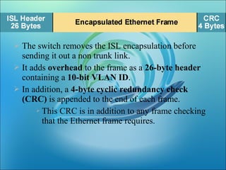  The switch removes the ISL encapsulation before
sending it out a non trunk link.
 It adds overhead to the frame as a 26-byte header
containing a 10-bit VLAN ID.
 In addition, a 4-byte cyclic redundancy check
(CRC) is appended to the end of each frame.
 This CRC is in addition to any frame checking
that the Ethernet frame requires.
 