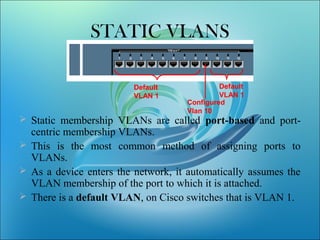 STATIC VLANS
 Static membership VLANs are called port-based and port-
centric membership VLANs.
 This is the most common method of assigning ports to
VLANs.
 As a device enters the network, it automatically assumes the
VLAN membership of the port to which it is attached.
 There is a default VLAN, on Cisco switches that is VLAN 1.
Default
VLAN 1
Default
VLAN 1
Configured
Vlan 10
 