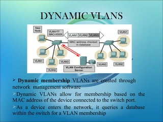 DYNAMIC VLANS
 Dynamic membership VLANs are created through
network management software
Dynamic VLANs allow for membership based on the
MAC address of the device connected to the switch port.
As a device enters the network, it queries a database
within the switch for a VLAN membership
 