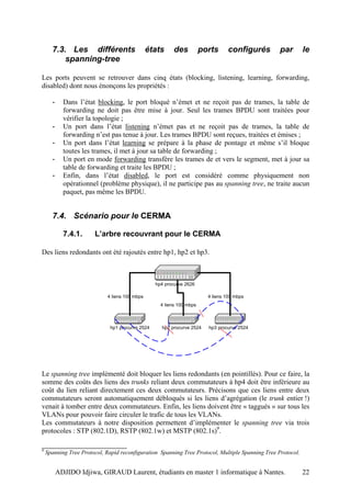 7.3. Les différents                       états    des           ports      configurés      par        le
          spanning-tree

Les ports peuvent se retrouver dans cinq états (blocking, listening, learning, forwarding,
disabled) dont nous énonçons les propriétés :

      -     Dans l’état blocking, le port bloqué n’émet et ne reçoit pas de trames, la table de
            forwarding ne doit pas être mise à jour. Seul les trames BPDU sont traitées pour
            vérifier la topologie ;
      -     Un port dans l’état listening n’émet pas et ne reçoit pas de trames, la table de
            forwarding n’est pas tenue à jour. Les trames BPDU sont reçues, traitées et émises ;
      -     Un port dans l’état learning se prépare à la phase de pontage et même s’il bloque
            toutes les trames, il met à jour sa table de forwarding ;
      -     Un port en mode forwarding transfère les trames de et vers le segment, met à jour sa
            table de forwarding et traite les BPDU ;
      -     Enfin, dans l’état disabled, le port est considéré comme physiquement non
            opérationnel (problème physique), il ne participe pas au spanning tree, ne traite aucun
            paquet, pas même les BPDU.


      7.4. Scénario pour le CERMA

            7.4.1.     L’arbre recouvrant pour le CERMA

Des liens redondants ont été rajoutés entre hp1, hp2 et hp3.



                                                  hp4 procurve 2626

                             4 liens 100 mbps                            4 liens 100 mbps
                                                    4 liens 100 mbps



                              hp1 procurve 2524     hp2 procurve 2524    hp3 procurve 2524




Le spanning tree implémenté doit bloquer les liens redondants (en pointillés). Pour ce faire, la
somme des coûts des liens des trunks reliant deux commutateurs à hp4 doit être inférieure au
coût du lien reliant directement ces deux commutateurs. Précisons que ces liens entre deux
commutateurs seront automatiquement débloqués si les liens d’agrégation (le trunk entier !)
venait à tomber entre deux commutateurs. Enfin, les liens doivent être « taggués » sur tous les
VLANs pour pouvoir faire circuler le trafic de tous les VLANs.
Les commutateurs à notre disposition permettent d’implémenter le spanning tree via trois
protocoles : STP (802.1D), RSTP (802.1w) et MSTP (802.1s)9.

9
    Spanning Tree Protocol, Rapid reconfiguration Spanning Tree Protocol, Multiple Spanning Tree Protocol.


          ADJIDO Idjiwa, GIRAUD Laurent, étudiants en master 1 informatique à Nantes.                        22
 