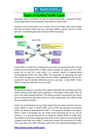 Types of VLANs/VLAN Types
Nowadays, there is essentially one way of implementing VLANs - port-based VLANs.
A port-based VLAN is associated with a port called an access VLAN.

However in the network there are a number of terms for VLANs. Some terms define
the type of network traffic they carry and others define a specific function a VLAN
performs. The following describes common VLAN terminology:

Data VLAN




A data VLAN is a VLAN that is configured to carry only user-generated traffic. A VLAN
could carry voice-based traffic or traffic used to manage the switch, but this traffic
would not be part of a data VLAN. It is common practice to separate voice
and management traffic from data traffic. The importance of separating user data
from switch management control data and voice traffic is highlighted by the use of a
special term used to identify VLANs that only carry user data - a "data VLAN". A data
VLAN is sometimes referred to as a user VLAN.

Default VLAN
All switch ports become a member of the default VLAN after the initial boot up of the
switch. Having all the switch ports participate in the default VLAN makes them all
part of the same broadcast domain. This allows any device connected to any switch
port to communicate with other devices on other switch ports. The default VLAN
for Cisco switches is VLAN 1.

VLAN 1 has all the features of any VLAN, except that you cannot rename it and you
cannot delete it. Layer 2 control traffic, such as CDP and spanning tree protocol
traffic, will always be associated with VLAN 1 - this cannot be changed. In the figure,
VLAN 1 traffic is forwarded over the VLAN trunks connecting the S1, S2, and S3
switches. It is a security best practice to change the default VLAN to a VLAN other
than VLAN 1; this entails configuring all the ports on the switch to be associated with
a default VLAN other than VLAN 1. VLAN trunks support the transmission of traffic
from more than one VLAN. Although VLAN trunks are mentioned throughout this

http://www.router-switch.com/
 