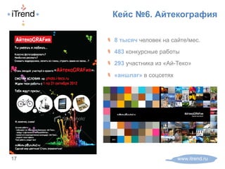 Кейс №6. Айтекография
www.itrend.ru17
! 8 тысяч человек на сайте/мес.
! 483 конкурсные работы
! 293 участника из «Ай-Теко»
! «аншлаг» в соцсетях
 