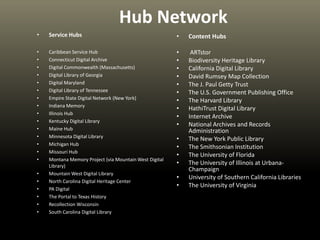 Hub Network
• Service Hubs
• Caribbean Service Hub
• Connecticut Digital Archive
• Digital Commonwealth (Massachusetts)
• Digital Library of Georgia
• Digital Maryland
• Digital Library of Tennessee
• Empire State Digital Network (New York)
• Indiana Memory
• Illinois Hub
• Kentucky Digital Library
• Maine Hub
• Minnesota Digital Library
• Michigan Hub
• Missouri Hub
• Montana Memory Project (via Mountain West Digital
Library)
• Mountain West Digital Library
• North Carolina Digital Heritage Center
• PA Digital
• The Portal to Texas History
• Recollection Wisconsin
• South Carolina Digital Library
• Content Hubs
• ARTstor
• Biodiversity Heritage Library
• California Digital Library
• David Rumsey Map Collection
• The J. Paul Getty Trust
• The U.S. Government Publishing Office
• The Harvard Library
• HathiTrust Digital Library
• Internet Archive
• National Archives and Records
Administration
• The New York Public Library
• The Smithsonian Institution
• The University of Florida
• The University of Illinois at Urbana-
Champaign
• University of Southern California Libraries
• The University of Virginia
 