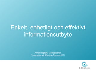Enkelt, enhetligt och effektivt informationsutbyte Anneli Hagdahl, E-delegationen Presentation på Offentliga Rummet 2011 