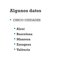 Algunos datos
 CINCO CIUDADES
 Alcoi
 Barcelona
 Manresa
 Zaragoza
 València
 