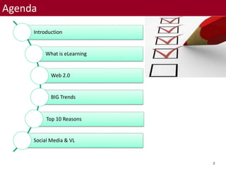 2
Agenda
Introduction
What is eLearning
Web 2.0
BIG Trends
Top 10 Reasons
Social Media & VL
 