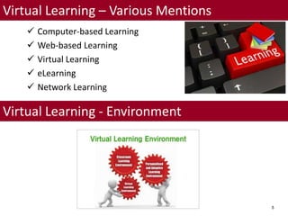 Virtual Learning - Environment
5
Virtual Learning – Various Mentions
 Computer-based Learning
 Web-based Learning
 Virtual Learning
 eLearning
 Network Learning
 