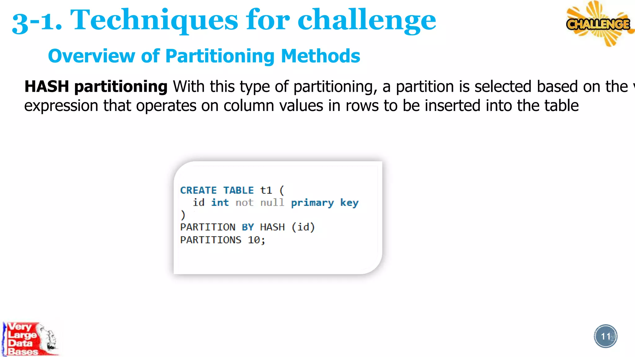 3-1. Techniques for challenge
Overview of Partitioning Methods

HASH partitioning With this type of partitioning, a partition is selected based on the v
expression that operates on column values in rows to be inserted into the table

11

 