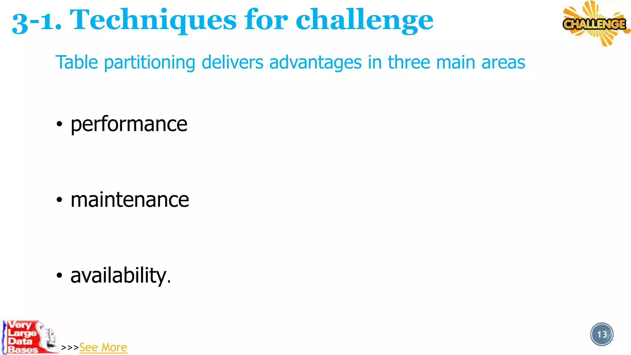 3-1. Techniques for challenge
Table partitioning delivers advantages in three main areas

• performance
• maintenance
• availability.
13

>>>See More

 
