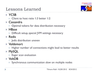 Lessons Learned


YCSB




Cassandra




Higher number of connections might lead to better results

MySQL




Jedis distribution uneven

Voldemort




Difficult setup, special JVM settings necessary

Redis




Optimal tokens for data distribution necessary

HBase




Client to host ratio 1:3 better 1:2

Eager scan evaluation

VoltDB


Synchronous communication slow on multiple nodes
Tilmann Rabl - VLDB 2012

8/24/2012

 