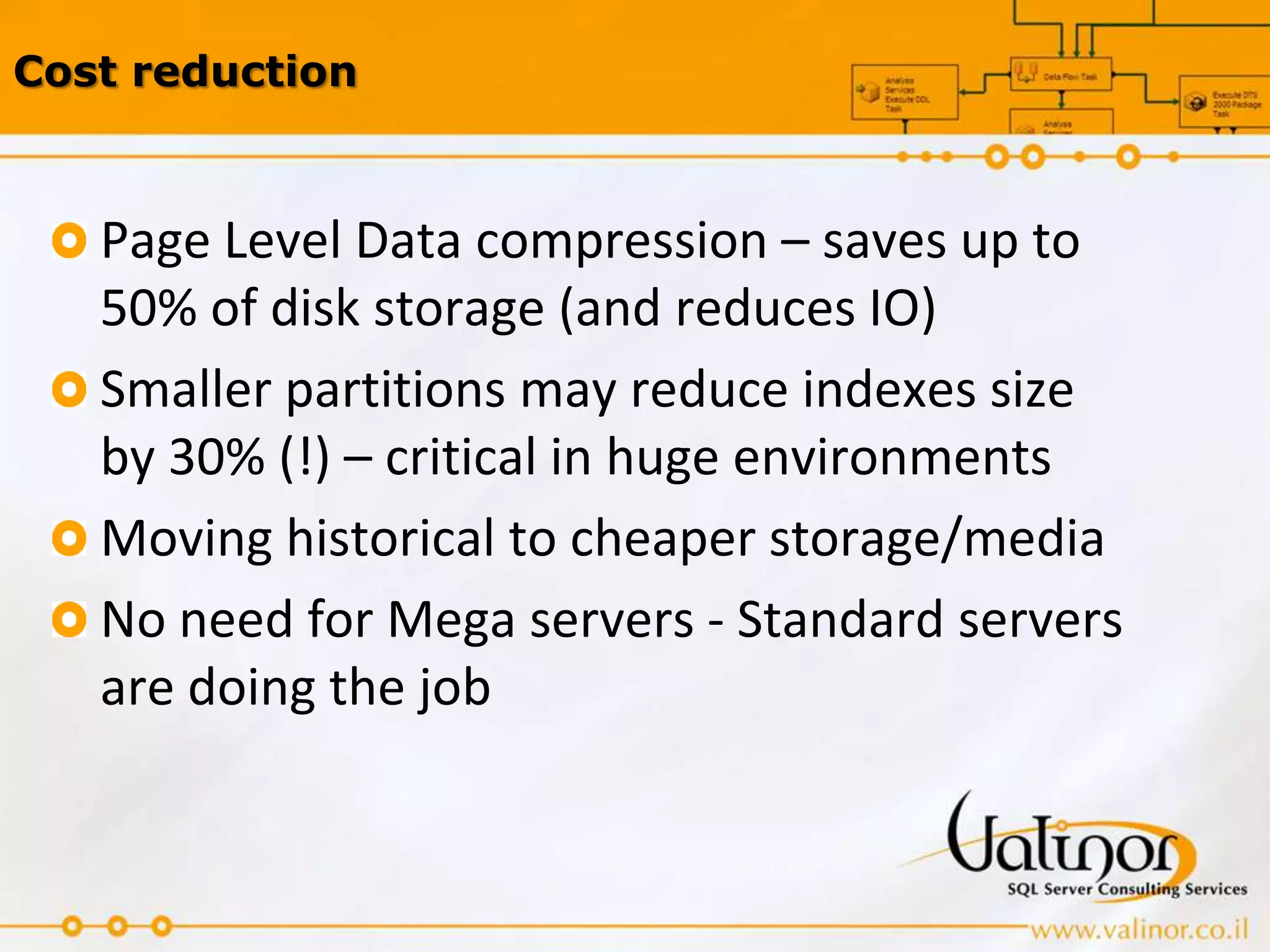 Design Philosophy VLDBDon’t think of it as Large complex database, think of it as smaller manageable componentsPutting all the data in one single database doesn’t make you a hero.Partitioning data into smaller manageable sizesMethods for data partitioning:Server Partitioning