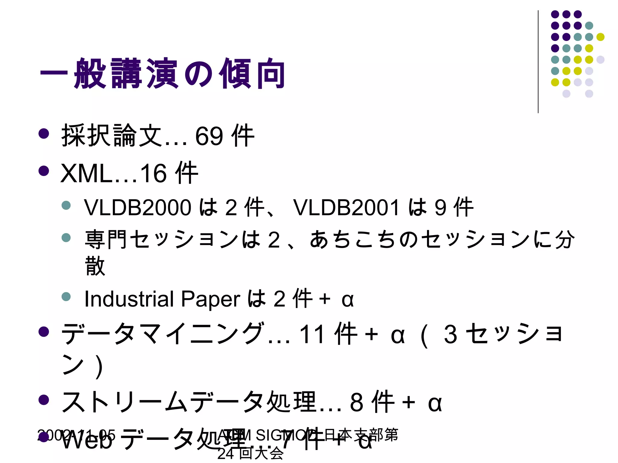 2002-11-05 ACM SIGMOD 日本支部第
24 回大会
一般講演の傾向
 …採択論文 69 件
 XML…16 件
 VLDB2000 は 2 件、 VLDB2001 は 9 件
 専門セッションは 2 、あちこちのセッションに分
散
 Industrial Paper は 2 件＋ α
 …データマイニング 11 件＋ α （ 3 セッショ
ン）
 …ストリームデータ処理 8 件＋ α
 Web …データ処理 7 件＋ α
 