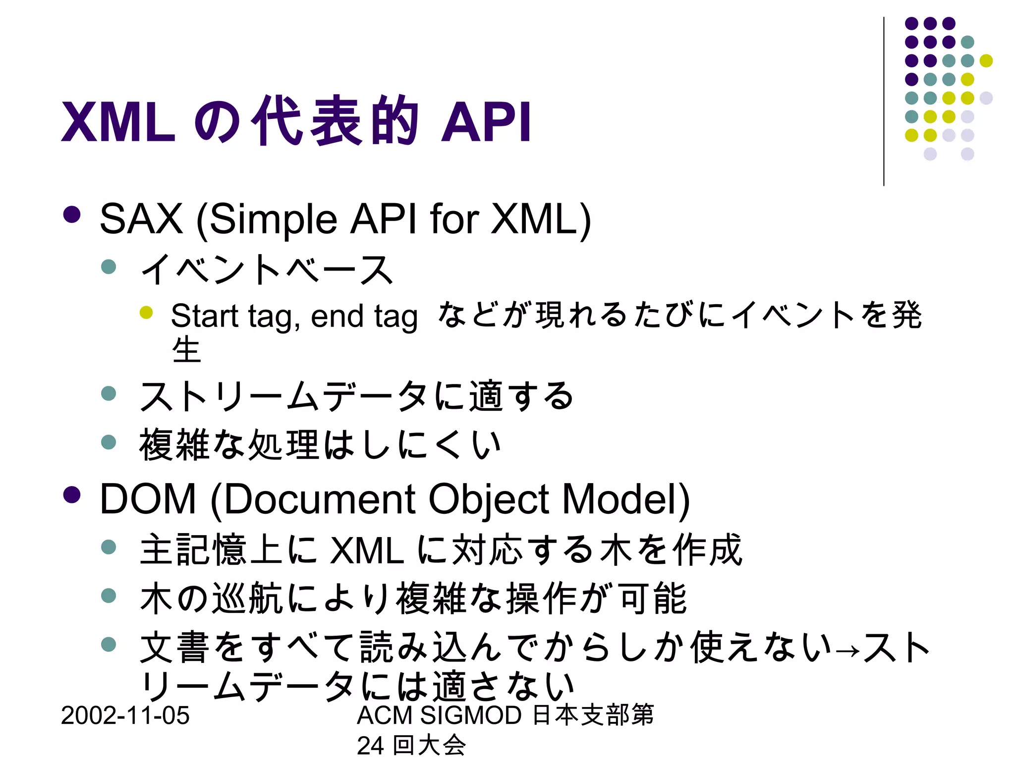 2002-11-05 ACM SIGMOD 日本支部第
24 回大会
XML の代表的 API
 SAX (Simple API for XML)
 イベントベース
 Start tag, end tag などが現れるたびにイベントを発
生
 ストリームデータに適する
 複雑な処理はしにくい
 DOM (Document Object Model)
 主記憶上に XML に対応する木を作成
 木の巡航により複雑な操作が可能
 文書をすべて読み込んでからしか使えない→スト
リームデータには適さない
 