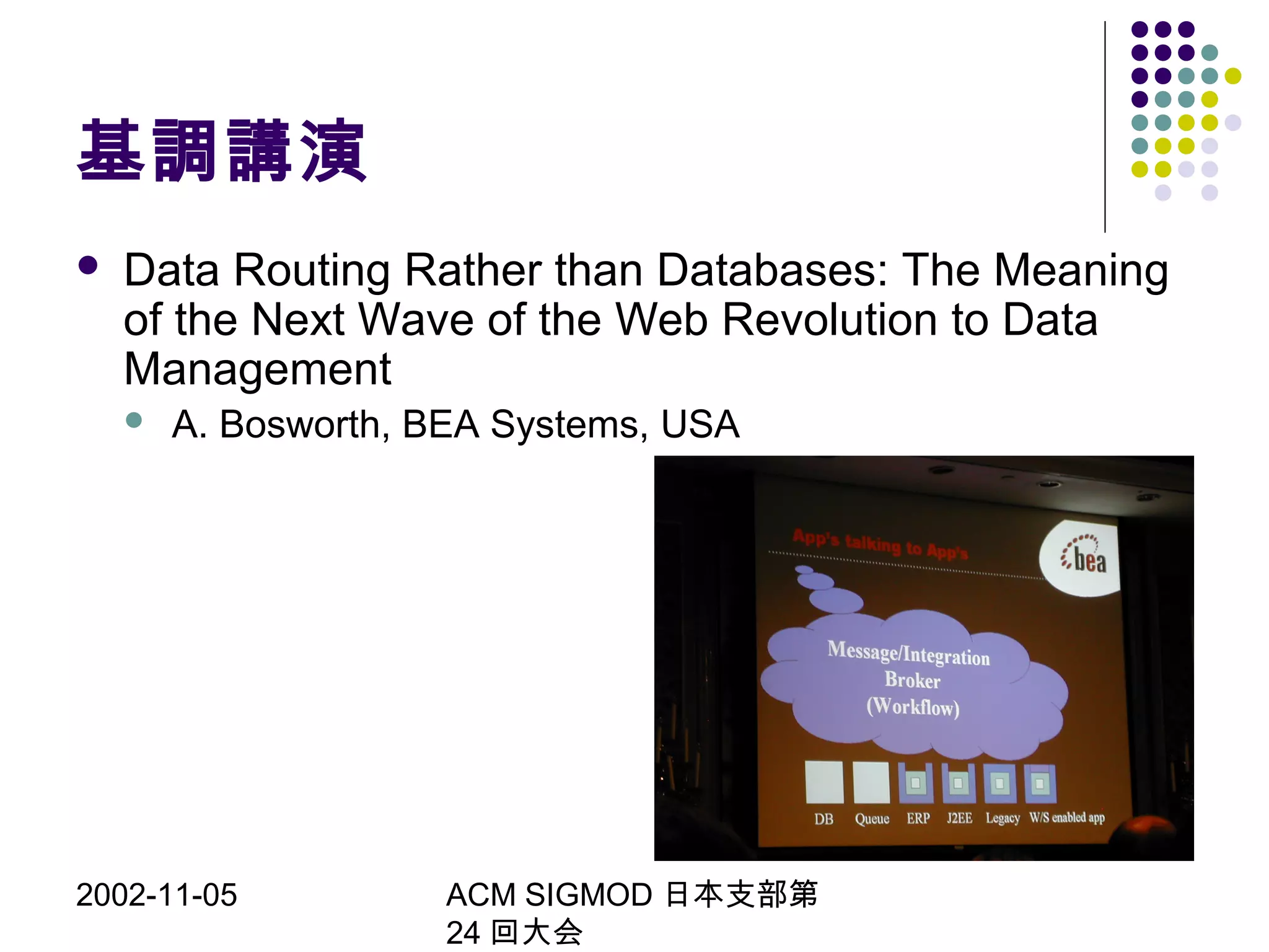2002-11-05 ACM SIGMOD 日本支部第
24 回大会
基調講演
 Data Routing Rather than Databases: The Meaning
of the Next Wave of the Web Revolution to Data
Management
 A. Bosworth, BEA Systems, USA
 
