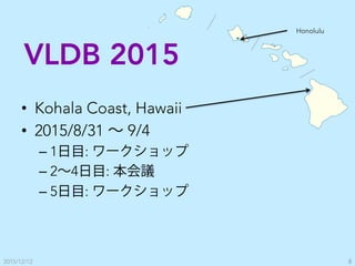 2015/12/12 8
VLDB 2015
•  Kohala Coast, Hawaii
•  2015/8/31 ∼ 9/4
– 1日目: ワークショップ
– 2∼4日目: 本会議
– 5日目: ワークショップ
Honolulu
 