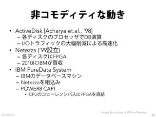 非コモディティな動き
•  ActiveDisk [Acharya et.al., ‘98]
–  各ディスクのプロセッサでDB演算
–  I/Oトラフィックの大幅削減による高速化
•  Netezza (’99設立)
–  各ディスクにFPG...
