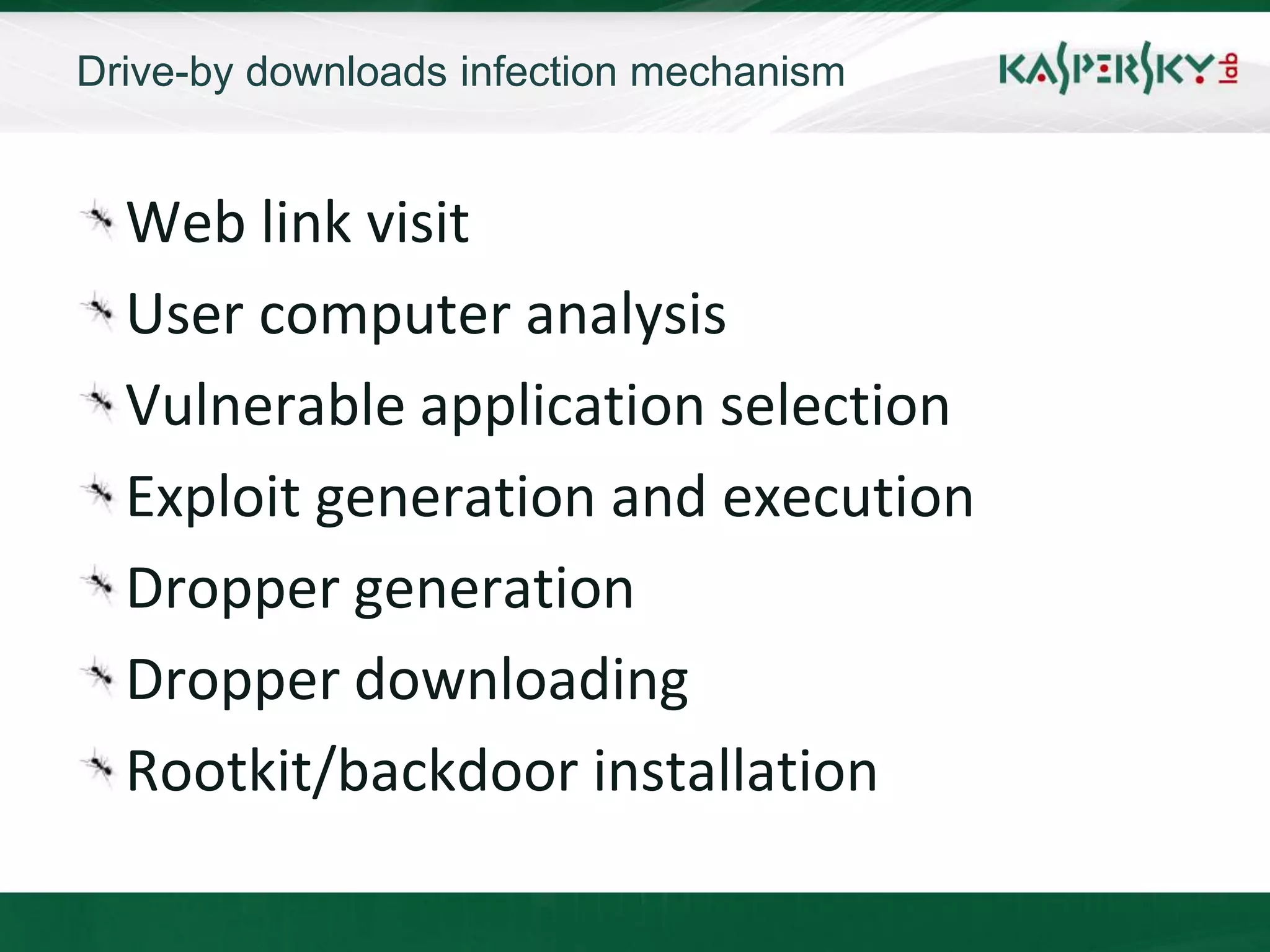 Drive-by downloads infection mechanism


  Web link visit
  User computer analysis
  Vulnerable application selection
  Exploit generation and execution
  Dropper generation
  Dropper downloading
  Rootkit/backdoor installation
 