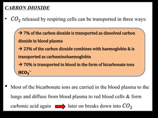 CARBON DIOXIDE
• 𝐶𝑂2 released by respiring cells can be transported in three ways:
• Most of the bicarbonate ions are carried in the blood plasma to the
lungs and diffuse from blood plasma to red blood cells & form
carbonic acid again later on breaks down into 𝐶𝑂2
 