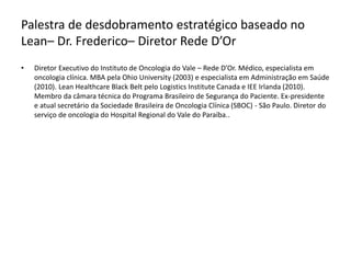 Palestra de desdobramento estratégico baseado no
Lean– Dr. Frederico– Diretor Rede D’Or
• Diretor Executivo do Instituto de Oncologia do Vale – Rede D’Or. Médico, especialista em
oncologia clínica. MBA pela Ohio University (2003) e especialista em Administração em Saúde
(2010). Lean Healthcare Black Belt pelo Logistics Institute Canada e IEE Irlanda (2010).
Membro da câmara técnica do Programa Brasileiro de Segurança do Paciente. Ex-presidente
e atual secretário da Sociedade Brasileira de Oncologia Clínica (SBOC) - São Paulo. Diretor do
serviço de oncologia do Hospital Regional do Vale do Paraíba..
 