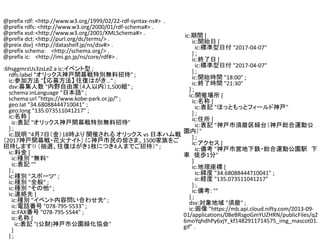 @prefix rdf: <http://www.w3.org/1999/02/22-rdf-syntax-ns#> .
@prefix rdfs: <http://www.w3.org/2000/01/rdf-schema#> .
@prefix xsd:<http://www.w3.org/2001/XMLSchema#> .
@prefix dct: <http://purl.org/dc/terms/> .
@preix dsv] <http://datashelf.jp/ns/dsv#> .
@prefix schema: <http://schema.org/> .
@prefix ic: <http://imi.go.jp/ns/core/rdf#> .
:6hsggmrzUs3zsLeZ a ic:٥ ;
rdfs:label "å_Ļ؄eoд" ;
ic:μӷ ļ ͤϤ" ;
dsv:ļ "Ұϯ4ڣ1,500M" ;
schema:inLanguage "ձZ" ;
schema:url "https://www.kobe-park.or.jp/" ;
geo:lat "34.68088444710041" ;
geo:long "135.073511041217" ;
ic: [
ic:ӛ "å_Ļ؄eoд"
] ;
ic:h "47գ18r _ߤ å vs ձϥ
2017_Ļ?ʥȣ νԤޡ1500
дޤ!! xͤϤ1öˤĤ4ˤޤǤд" ;
ic:Ͻ [
ic:Ne "o"
ic:ӛ ""
] ;
ic:Ne "ݩ`" ;
ic:Ne "ȫ" ;
ic:Ne "" ;
ic:Bj [
ic:Ne "٥݆Ϥ碌" ;
ic:Ԓ "078-795-5533" ;
ic:FAX "078-795-5544" ;
ic: [
ic:ӛ "(ؔ)й@vf"
]
] ;
ic:g [
ic:_ʼ [
ic:˜ո "2017-04-07"
] ;
ic:K [
ic:˜ո "2017-04-07"
] ;
ic:_ʼrg "18:00" ;
ic:K˕rg "21:30"
] ;
ic:_߈ [
ic: [
ic:ӛ "ۤäȤäȥե`"
] ;
ic:ס [
ic:ӛ "ĥv̨t\ӹ
@ڣ"
] ;
ic: [
ic:俼 "Іӵ?t\ӹ@k 
܇ ͽi1"
]
ic: [
ic: "34.68088444710041" ;
ic:U "135.073511041217"
] ;
ic:俼: ""
] ;
dsv: "ĥ" ;
ic: "https://mb.api.cloud.nifty.com/2013-09-
01/applications/08eBRsgoGmYUZHRN/publicFiles/q2
6moYqhdhPy6vjY_kf1482911714575_img_mascot01.
gif" .
 