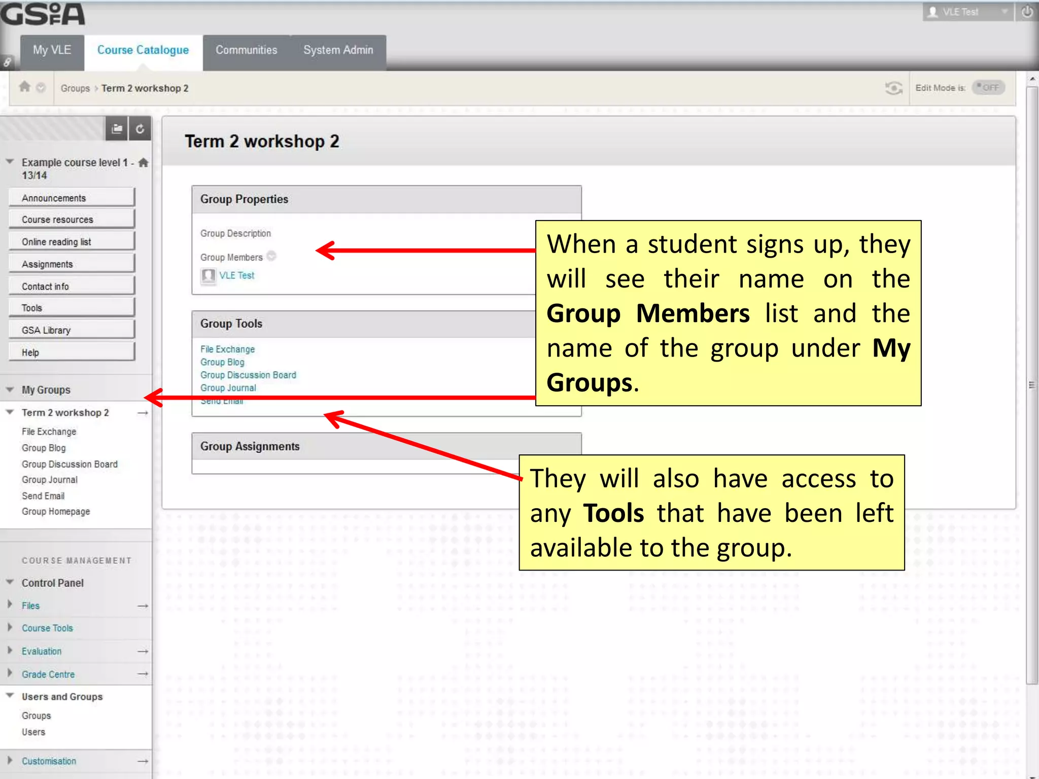 When a student signs up, they 
will see their name on the 
Group Members list and the 
name of the group under My 
Groups. 
They will also have access to 
any Tools that have been left 
available to the group. 
 