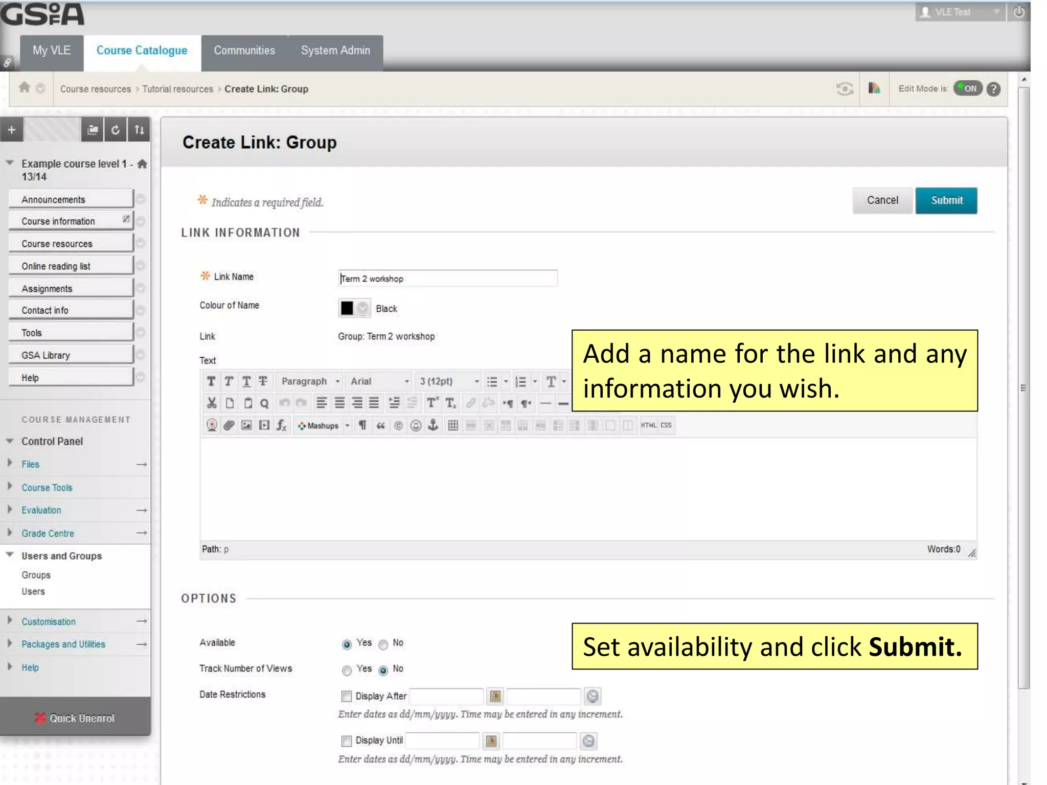 Add a name for the link and any 
information you wish. 
Set availability and click Submit. 
 